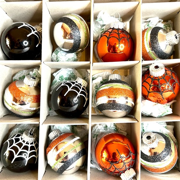 12 Halloween Radko Spider Web Glass Ball Ornaments Glitter Stripes - Picture 4 of 9